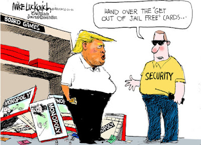 Trump steals all the Get out of Jail Free Cards from Monopoly Sets... Busted by Store Security Cartoon