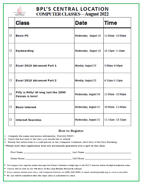 A flyer advertising various free computer classes and other classes and their dates and times happening at the Central Library this August.