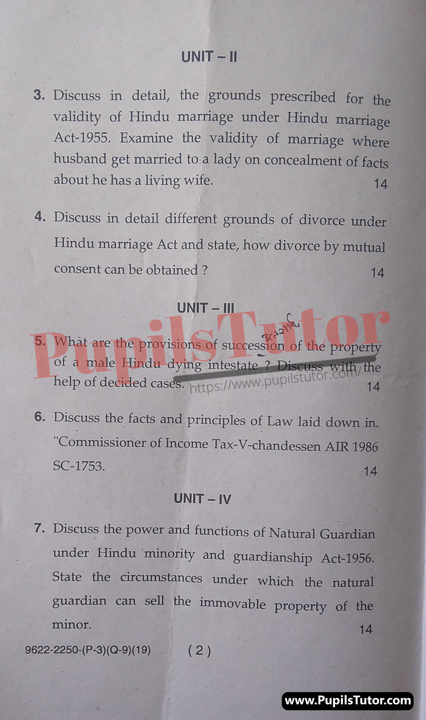 M.D. University LL.B. Family Law - I First Semester Important Question Answer And Solution - www.pupilstutor.com (Paper Page Number 2)