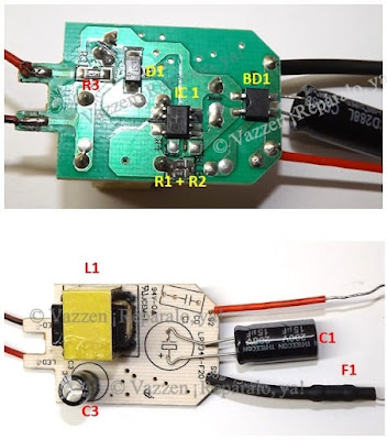 Típico ejemplo de circuito sin protección o filtrado de la línea eléctrica dentro de un foco o lampara LED.