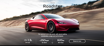 The new Tesla Roadster showing top speed great than 250mph, 620mile range and 1.9 sec 0-60mph