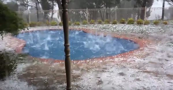 Golf ball-sized ice blocks dives into the swimming pool.
