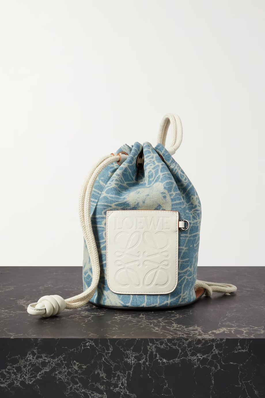 LOEWE Sailor Small Leather-trimmed Printed Denim Bucket Bag