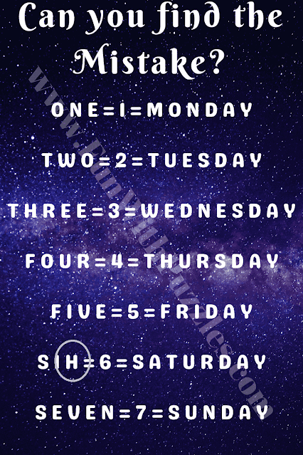 CAN YOU FIND THE MISTAKE? ONE=1=MONDAY, TWO=2=TUESDAY, THREE=3=WEDNESDAY, FOUR=4=THURSDAY, FIVE=5=FRIDAY, SIH=6=SATURDAY, SEVEN=7=SUNDAY