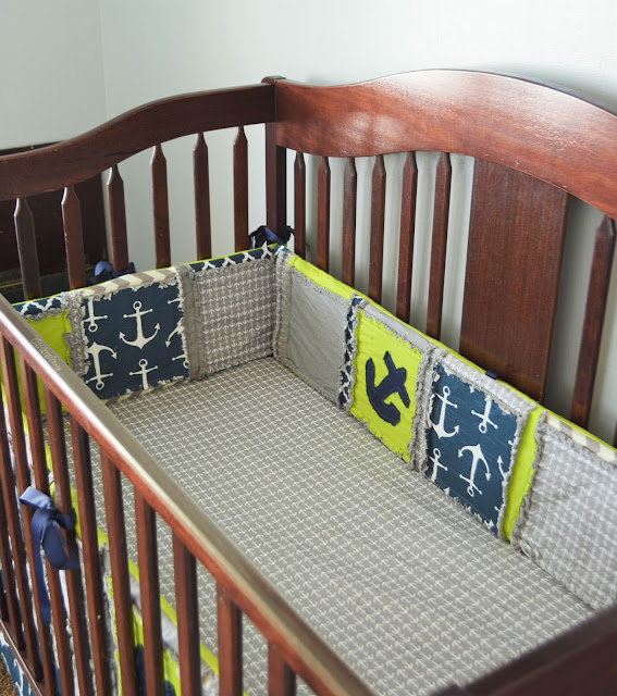 Nautical Baby Nursery Crib Bumpers with Anchors in Navy Blue, Lime Green, and Grey 