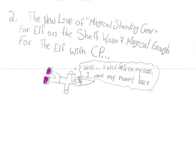 An elf wearing pink sneakers modeled after the real-life “standing gear” for Elf on the Shelf and lying on the floor. The speech bubble says “Welp. I still fell on my ass. I want my money back!”
