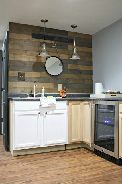 basement kitchenette with wine fridge