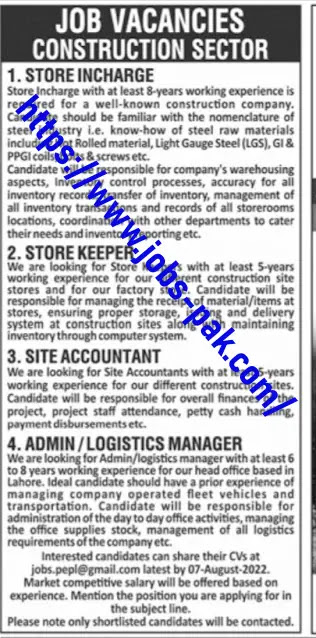 Jobs in Pakistan at Construction Sector