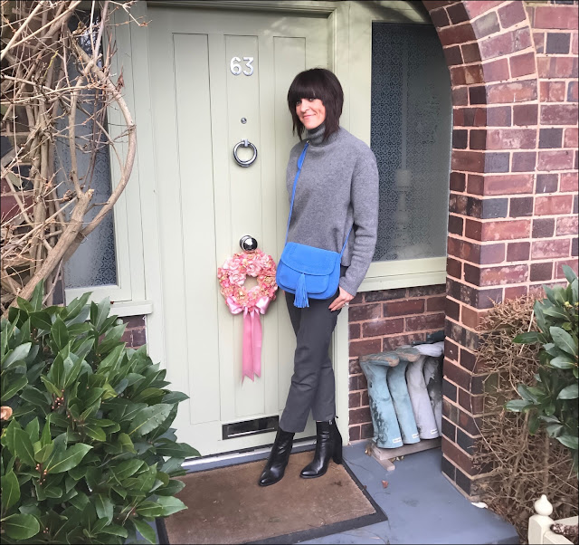 My Midlife Fashion, Suede Tassel Cross body bag, Zara cropped polo neck jumper, the white company ultimate oxford flannel trousers, zara block heel ankle boots
