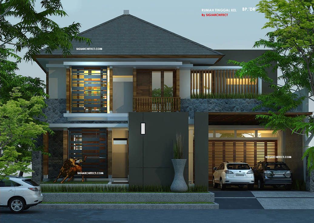 Desain Rumah 2 Lantai Minimalis Tropis Modern dengan Fasade Depan