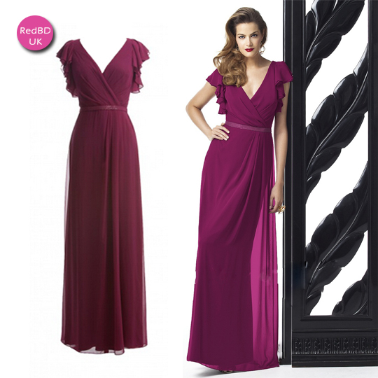 Chiffon V-neck Ruffle Sleeve Sheath Floor Length Bridesmaid Dress  RBD049