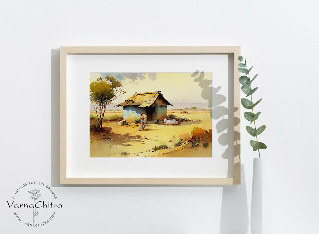 watercolor landscape painting of Indian countryside cottage rural painting by Biju Varnachitra