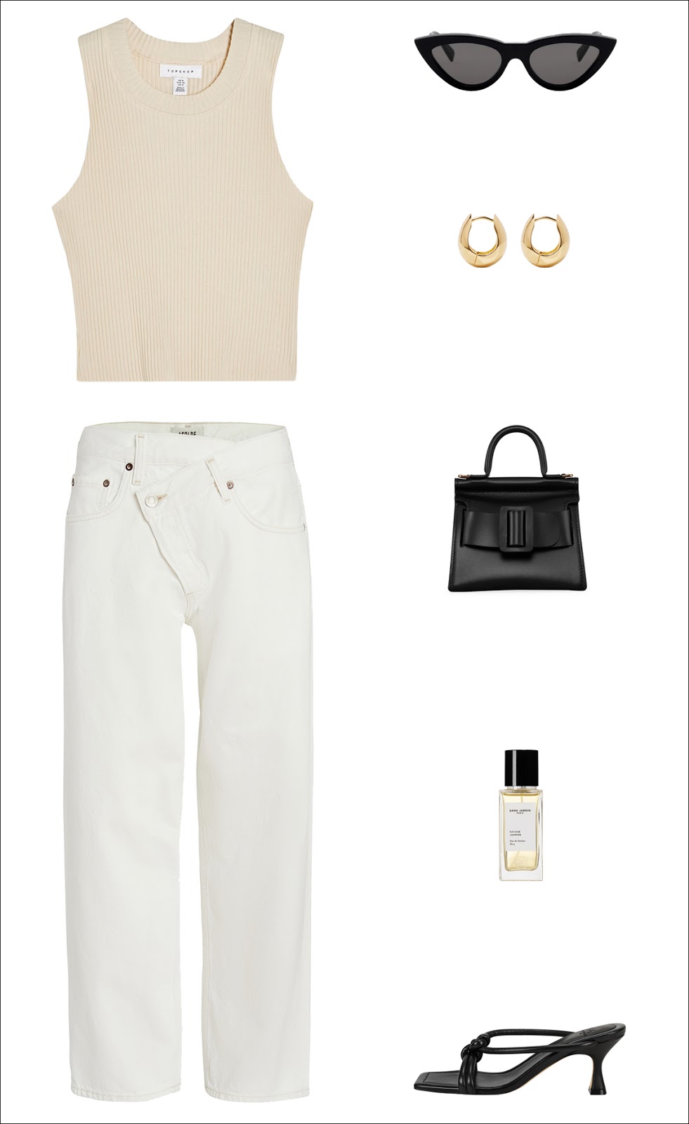 Stylish Way to Wear White Jeans for Summer — black cat-eye sunglasses, a beige tank top, yellow-gold hoop earrings, a cool black mini bag, white straight-leg jeans, and strappy black mule heels