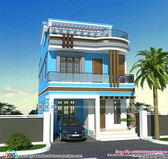 Small double storied blue color exterior paint home in kerala