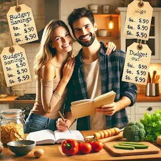 A couple cooking a budget-friendly meal at home with a grocery list and recipe book.