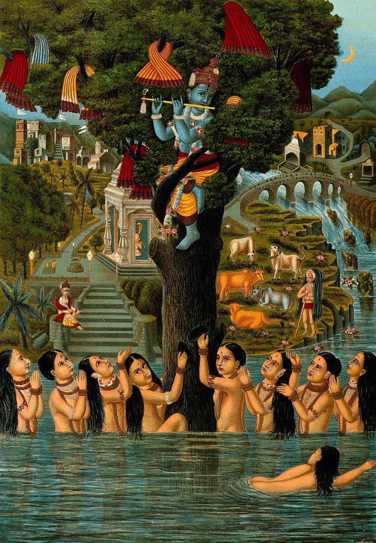 Krishna, Playing the flute, Seated in a Tree with the Milkmaids' Clothes, while they, Naked and in Water Gather around the Tree Begging for their Clothes - Lithograph Print, Chitrashala Press, Pune