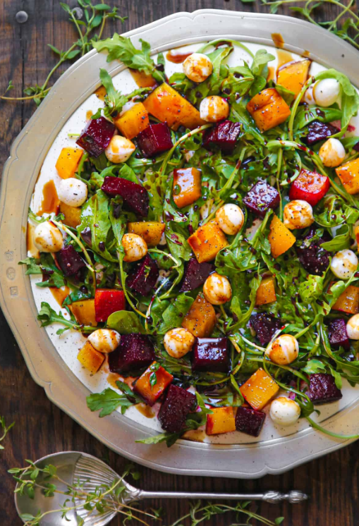 Beet and Mozzarella Salad with Arugula and Balsamic Dressing