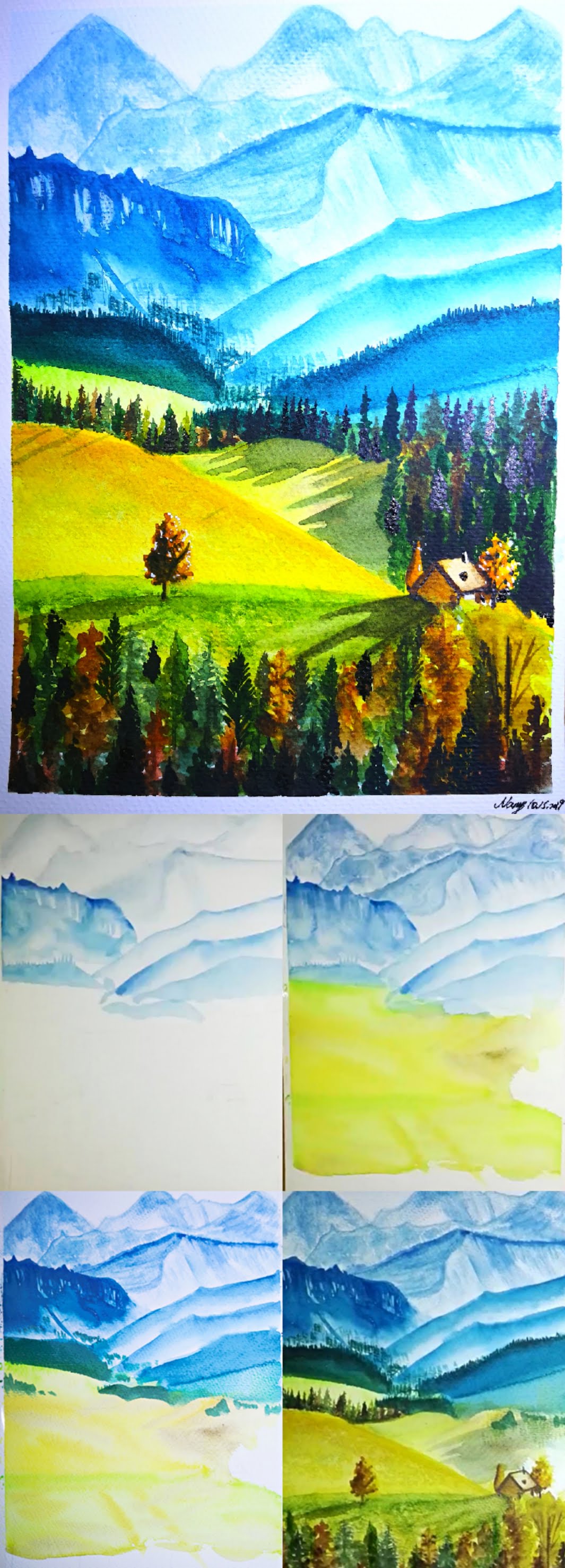 How to Draw Europe Landscapes in Autumn Mountains with Watercolor