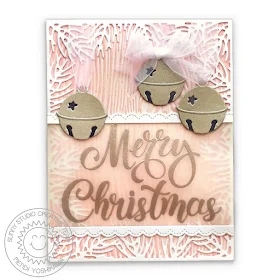 Sunny Studio: Pink, Silver & White Soft Merry Christmas Holiday Card (using Christmas Garland Frame and Silver Bells Dies and Season's Greetings Stamps)