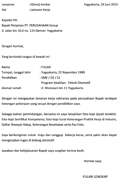 Dokumen Pekerjaan: Contoh Surat Lamaran Kerja Teknik Otomotif