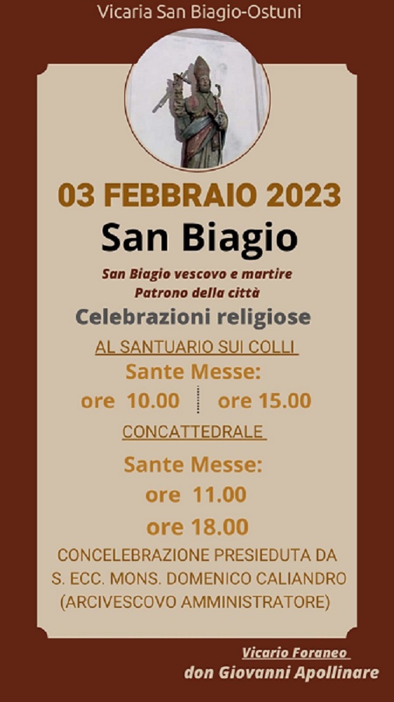 Ostuni: venerdì 3 febbraio la festa di San Biagio