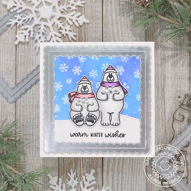 Sunny Studio Stamps: Playful Polar Bears Fancy Frames Snow Flurries Winter Themed Holiday Card by Juliana Michaels