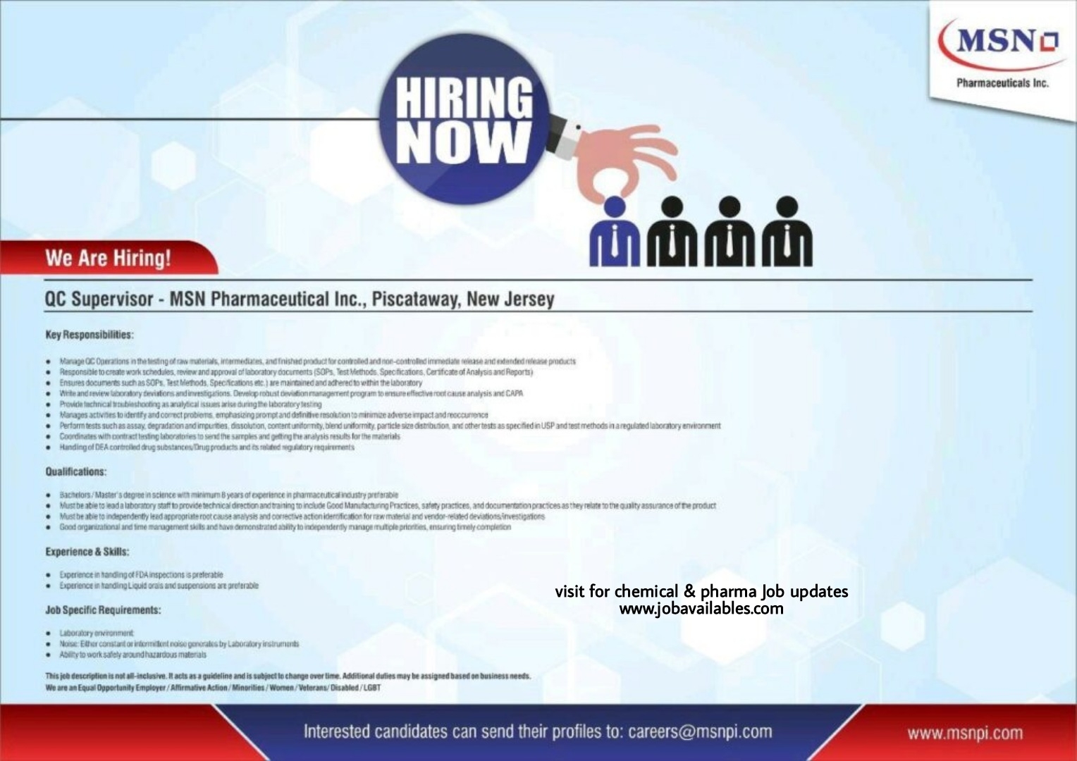 Job Availables, MSN Lab Ltd Job Opening For QC Department