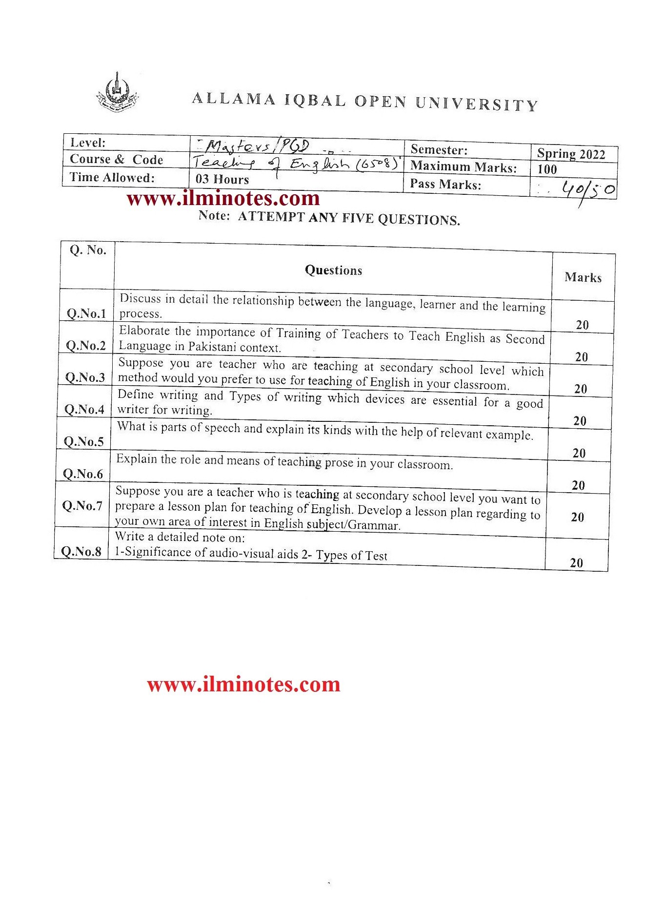 Code No 6508 Teaching of English