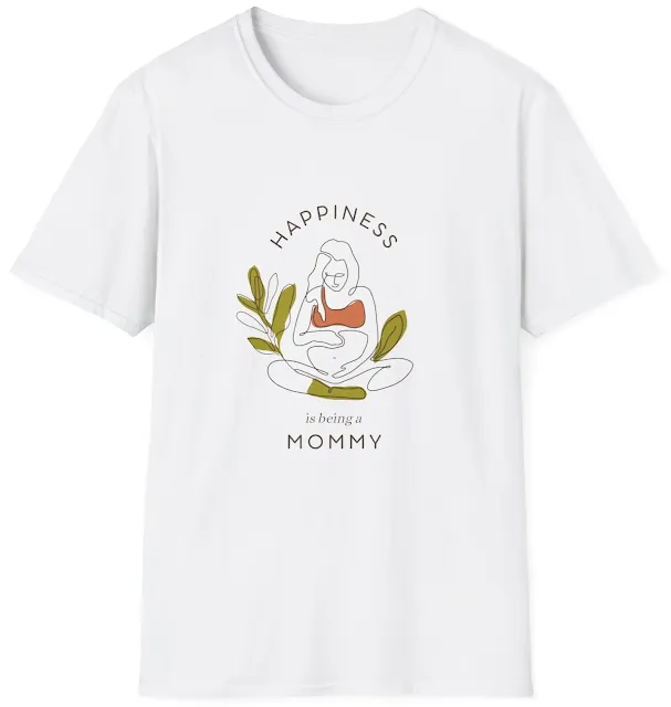 Unisex Softstyle Mother's Day T-Shirt With a Happy Pregnant Mother and Quote Happiness Is Being a Mommy