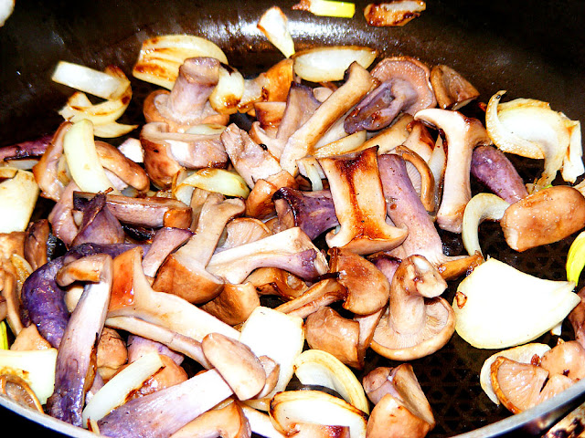 Frying Wood Blewit mushrooms. Photo by Loire Valley Time Travel.