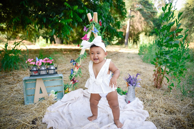 little girl standing in front of cake smash set up