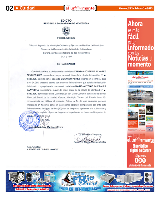 EDICTO: YANNINA JOSEFINA ALVAREZ DE QUERALES - C.I.: 9.637.920