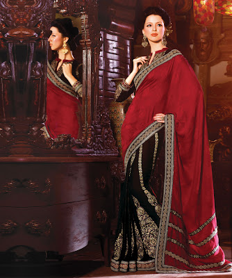 Red and Black Saree, Georgette Saree, Georgette Blouse, Black Blouse, Panash Sarees, Panash, esham Embroidery, Zari Tari Work, Sequins Work, 