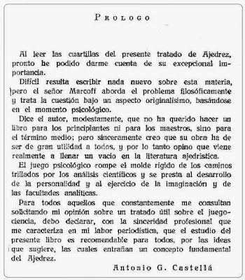 Prólogo de Antonio G. Castellá del libro “El Ajedrez (del método psicológico y su evolución)”