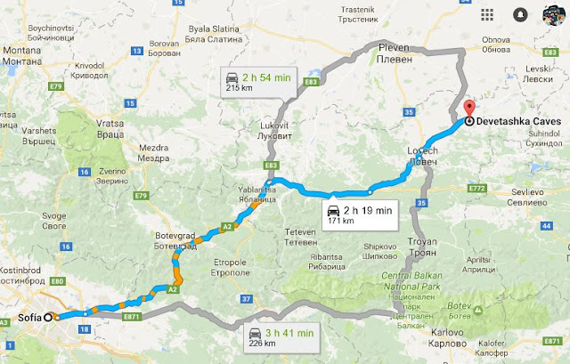 Itinerario en coche de Sofia a Devetashka Caves en google maps