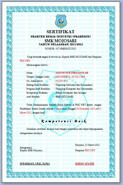 ~Muhammad ∀rif~: Contoh Sertifikat PRAKERIN Untuk SMK