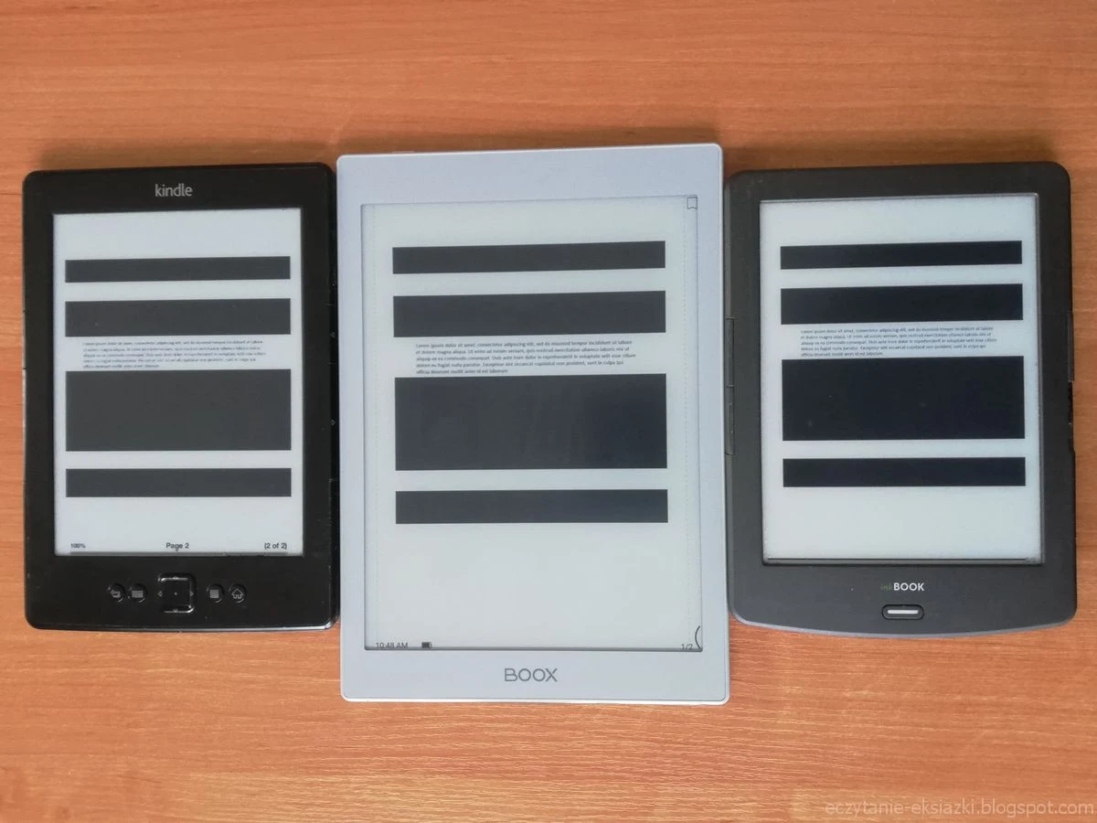 Onyx Boox Nova Air z wyłączonym podświetleniem – porównanie ekranów z Kindle 5 i InkBOOK Classic 2