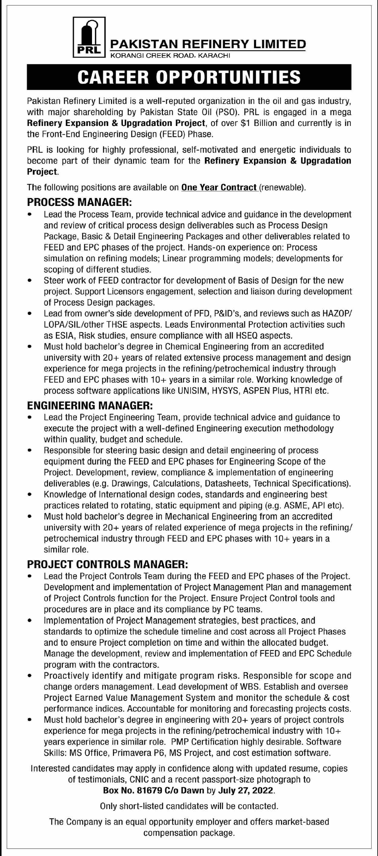 Latest Pakistan Refinery Limited Engineering Posts Karachi 2022