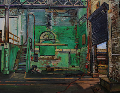 Plein air oil painting of interior of Paint Store in  North Eveleigh, Eveleigh Railway Workshops painted by industrial heritage artist Jane Bennett