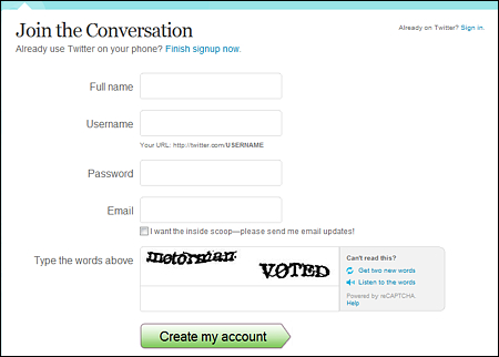 twitter sign up form Cara Membuat Twitter