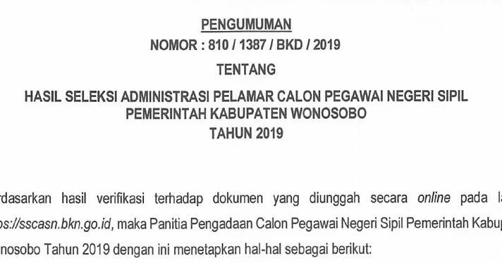 Hasil Seleksi Manajemen Cpns Kabupaten Wonosobo