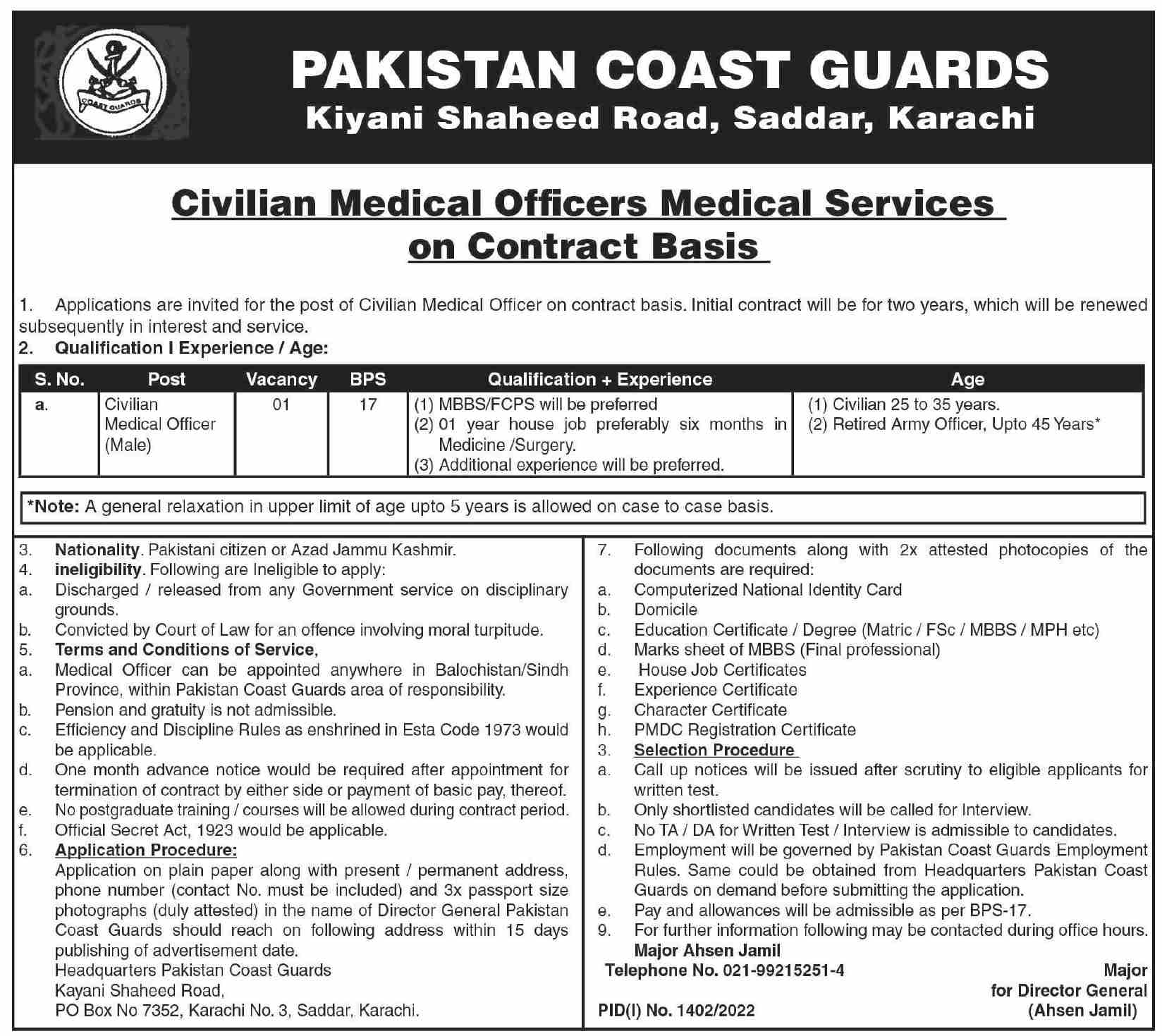 Pakistan Coast Guards Karachi Jobs 2022 for Medical Officer