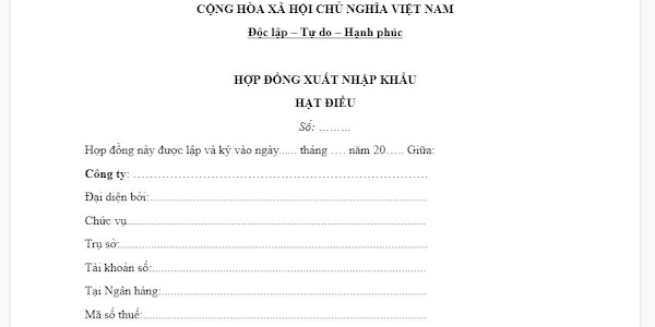 Mẫu hợp đồng xuất nhập khẩu hạt điều