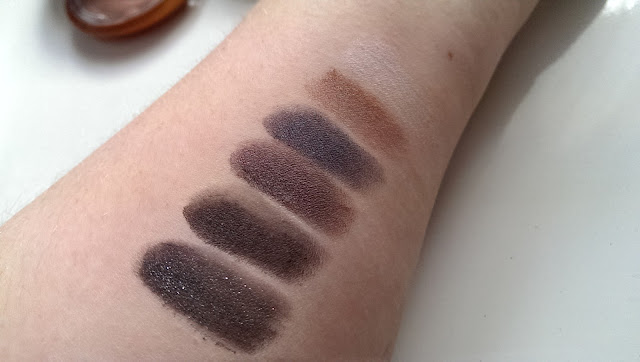 NYX smokey palette swatched on my arm, with primer