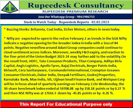 Stock to Watch Today - Rupeedesk Reports - 02.02.2023