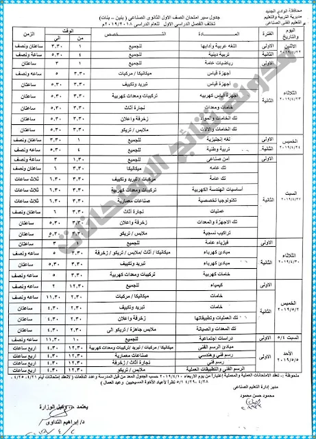 جداول امتحانات محافظة الوادى الجديد 2019 جميع المراحل - ابتدائى واعدادى وثانوى