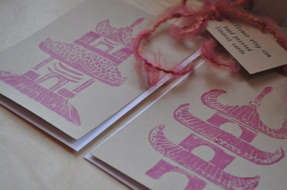 A set of 7 hand printed pink pagoda notecards available here for 1050