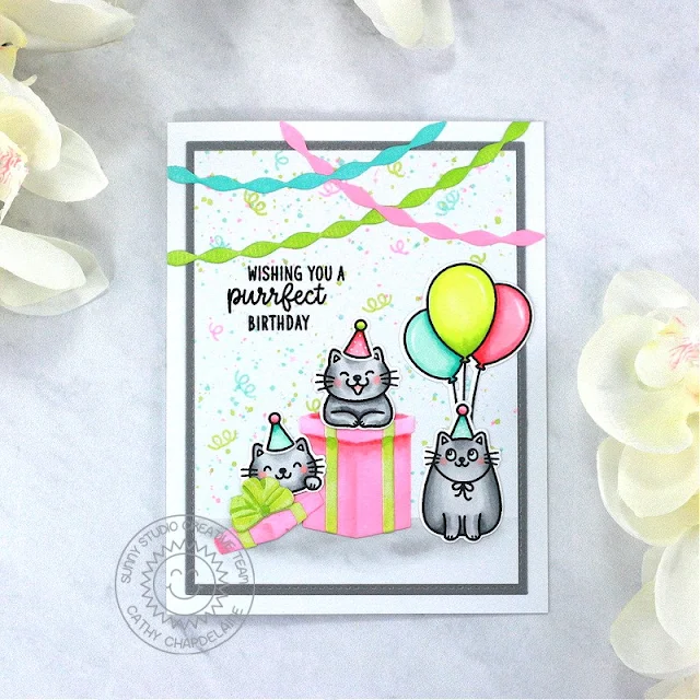 Sunny Studio Stamps: Birthday Cat Birthday Card by Cathy Chapdelaine (featuring Stitched Retangle Dies, Crepe Paper Streamers Dies, Perfect Gift Boxes Dies)