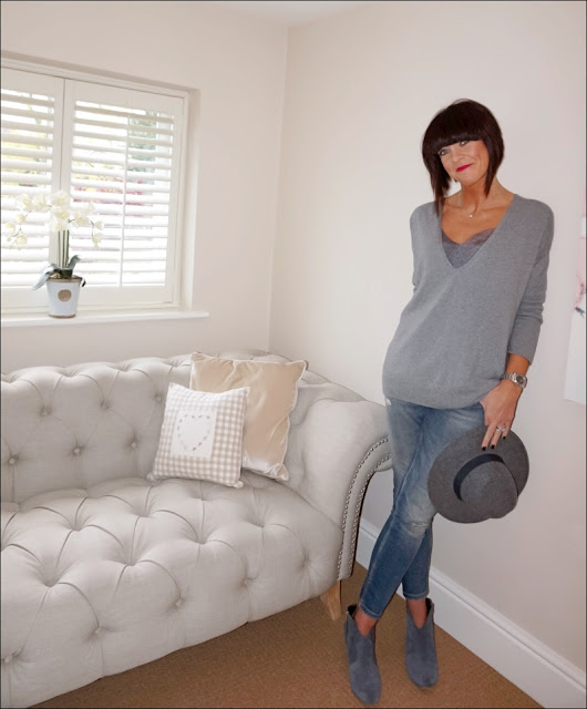 My Midlife Fashion, Hope Fashion the deep vee slouch pop on knit, modern rarity silk lace camisole, zara distressed skinny jeans, felt fedora hat, hush thornton ankle boots