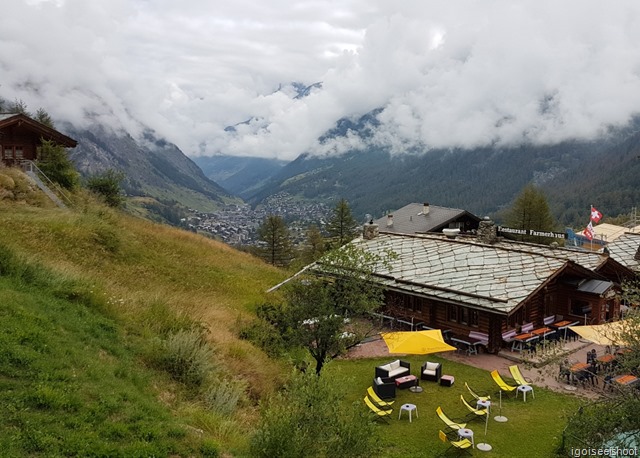 Some mountain restaurants in Furi. Zermatt could be seen in the valley below.